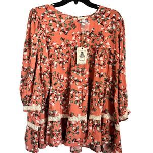 Easel Strawberry Print Babydoll Top Lace Trim Boho Cottagecore NWT Medium